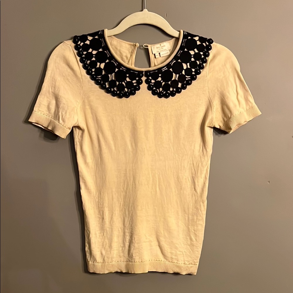 Kate Spade Cream Embellished T-Shirt with Peter Pan Collar Cashmere Blend.